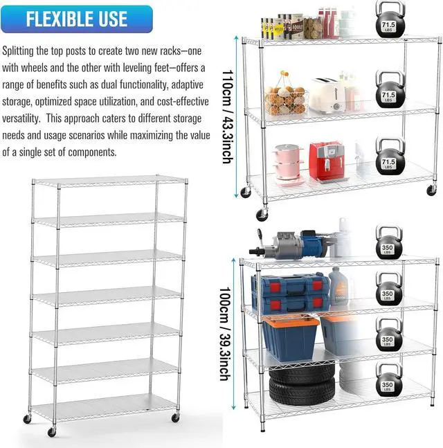 Alt view image 5 of 7 - Chrome NSF 7 Tier Metal Shelf Wire Shelving Unit, 2450lbs Heavy Duty Adjustable Storage Rack with Wheels & Shelf Liners for Closet Kitchen Garage Basement Commercial Shelving - 82" H x 48" L x 18" D