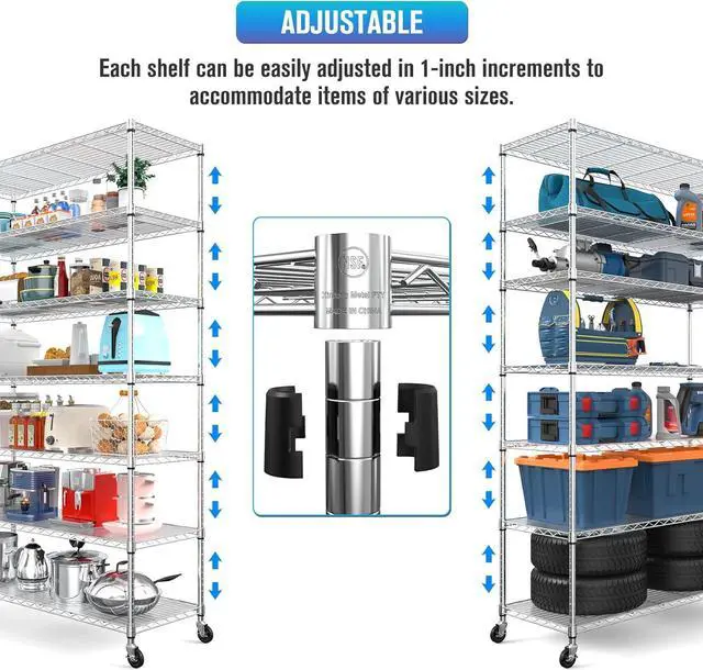 Alt view image 4 of 7 - Chrome NSF 7 Tier Metal Shelf Wire Shelving Unit, 2450lbs Heavy Duty Adjustable Storage Rack with Wheels & Shelf Liners for Closet Kitchen Garage Basement Commercial Shelving - 82" H x 48" L x 18" D