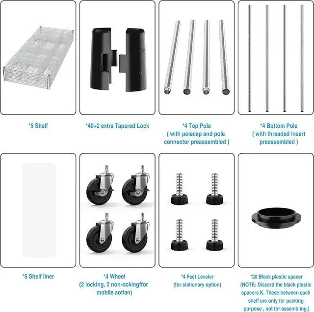 Alt view image 4 of 7 - 5 Tier 7500lbs Capacity NSF Metal Shelf Wire Shelving Unit, Heavy Duty Adjustable Storage Rack with Wheels & Shelf Liners for Commercial Grade Utility Steel Storage Rack, Chrome - 82"H x 60"L x 24"D
