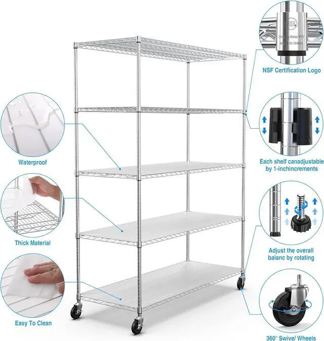 Alt view image 3 of 7 - 5 Tier 7500lbs Capacity NSF Metal Shelf Wire Shelving Unit, Heavy Duty Adjustable Storage Rack with Wheels & Shelf Liners for Commercial Grade Utility Steel Storage Rack, Chrome - 82"H x 60"L x 24"D