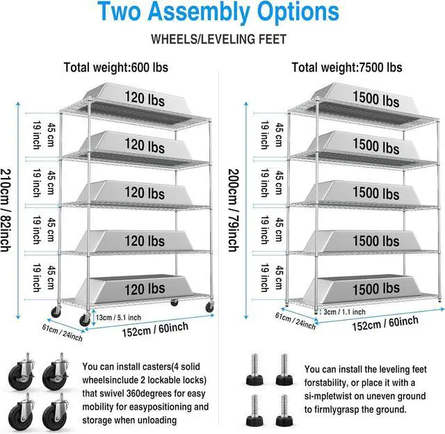 Alt view image 2 of 7 - 5 Tier 7500lbs Capacity NSF Metal Shelf Wire Shelving Unit, Heavy Duty Adjustable Storage Rack with Wheels & Shelf Liners for Commercial Grade Utility Steel Storage Rack, Chrome - 82"H x 60"L x 24"D