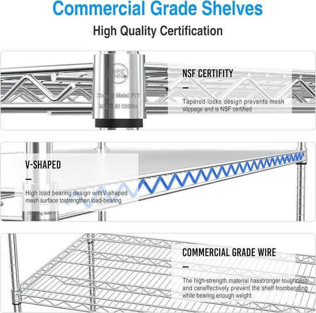 Alt view image 5 of 7 - 5 Tier 7500lbs Capacity NSF Metal Shelf Wire Shelving Unit, Heavy Duty Adjustable Storage Rack with Wheels & Shelf Liners for Commercial Grade Utility Steel Storage Rack, Chrome - 82"H x 60"L x 24"D