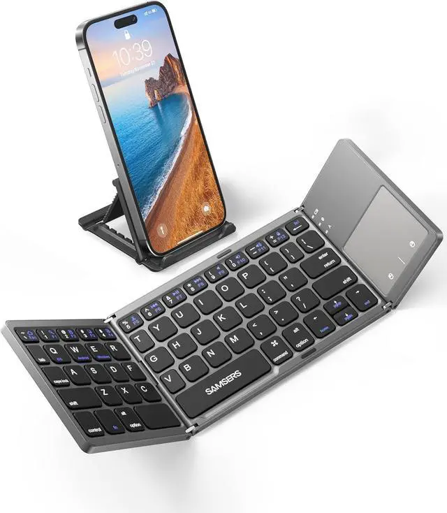 Main image of Foldable Bluetooth Keyboard with Touchpad Portable Wireless Keyboard with Stand Holder, Rechargeable Full Size Ultra Slim Pocket Folding Keyboard for Android Windows iOS Tablet & Laptop-Gray
