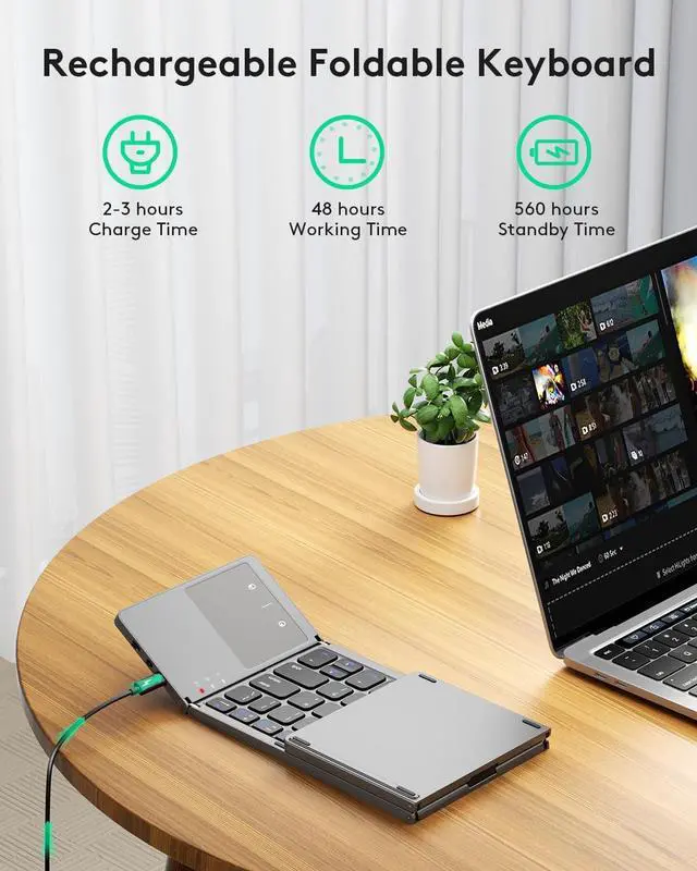 Alt view image 4 of 7 - Foldable Bluetooth Keyboard with Touchpad Portable Wireless Keyboard with Stand Holder, Rechargeable Full Size Ultra Slim Pocket Folding Keyboard for Android Windows iOS Tablet & Laptop-Gray