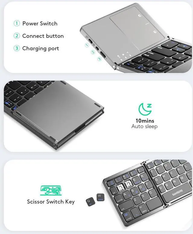 Alt view image 5 of 7 - Multi-Device Foldable Bluetooth Keyboard with Touchpad Rechargeable Dual-Mode(2.4G+BTx2) Wireless Keyboard with Holder, Portable Ultra Slim Folding Keyboard for Android Windows iOS Mac OS