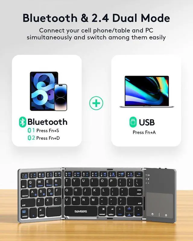 Alt view image 2 of 7 - Multi-Device Foldable Bluetooth Keyboard with Touchpad Rechargeable Dual-Mode(2.4G+BTx2) Wireless Keyboard with Holder, Portable Ultra Slim Folding Keyboard for Android Windows iOS Mac OS