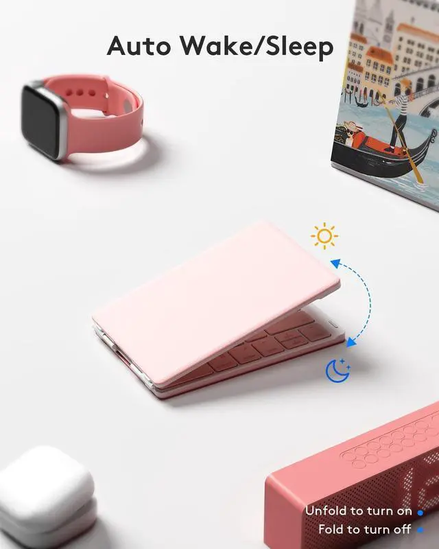Alt view image 3 of 7 - Bluetooth Foldable Keyboard, Wireless Portable Folding Keyboard, Full-Size Ultra-Slim Rechargeable Keyboard Connect Up to 3 Devices for iOS Android Windows Phone Tablet and Laptop, Pink