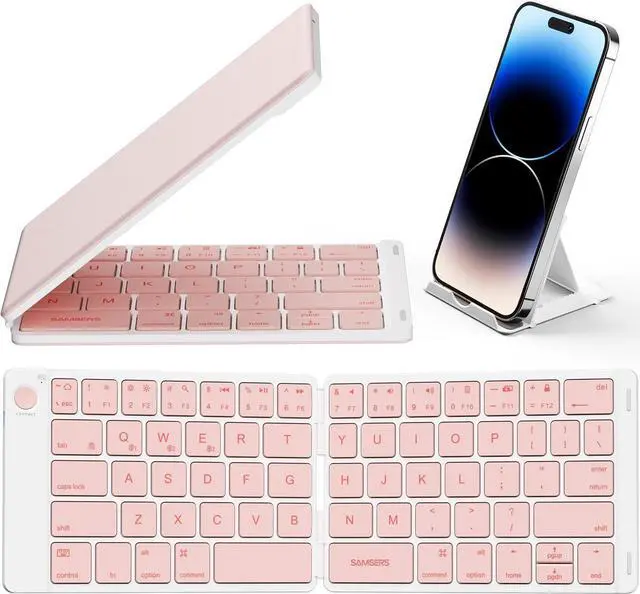 Main image of Bluetooth Foldable Keyboard, Wireless Portable Folding Keyboard, Full-Size Ultra-Slim Rechargeable Keyboard Connect Up to 3 Devices for iOS Android Windows Phone Tablet and Laptop, Pink