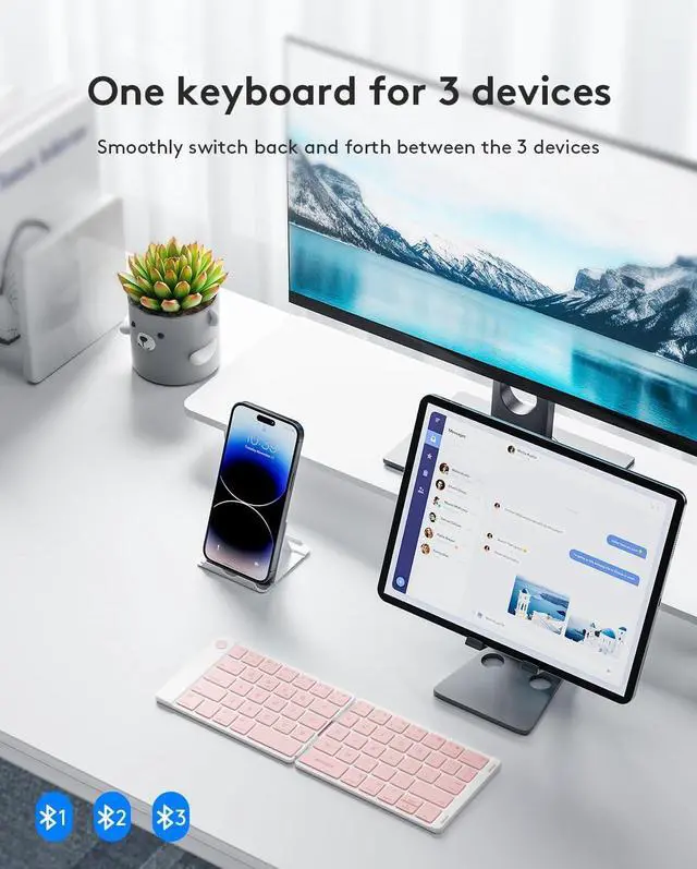 Alt view image 2 of 7 - Bluetooth Foldable Keyboard, Wireless Portable Folding Keyboard, Full-Size Ultra-Slim Rechargeable Keyboard Connect Up to 3 Devices for iOS Android Windows Phone Tablet and Laptop, Pink