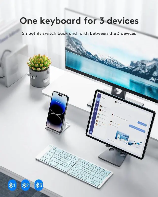 Alt view image 2 of 7 - Bluetooth Foldable Keyboard, Wireless Portable Folding Keyboard, Full-Size Ultra-Slim Rechargeable Keyboard Connect Up to 3 Devices for iOS Android Windows Phone Tablet and Laptop, Blue