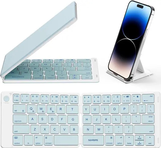 Main image of Bluetooth Foldable Keyboard, Wireless Portable Folding Keyboard, Full-Size Ultra-Slim Rechargeable Keyboard Connect Up to 3 Devices for iOS Android Windows Phone Tablet and Laptop, Blue