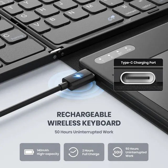 Alt view image 5 of 7 - Foldable Bluetooth Keyboard, Portable Full Size Folding Keyboard with Touchpad, PU Leather, Wireless Travel Keyboard for Windows, iOS, Android, Mac