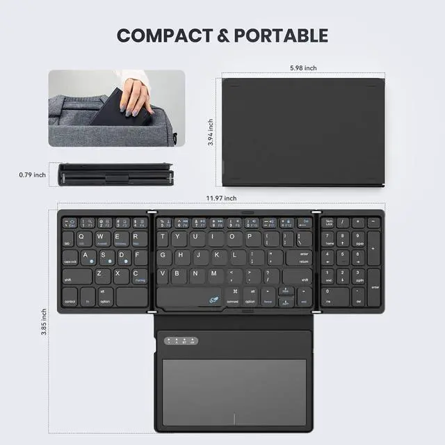 Alt view image 7 of 7 - Foldable Bluetooth Keyboard, Portable Full Size Folding Keyboard with Touchpad, PU Leather, Wireless Travel Keyboard for Windows, iOS, Android, Mac