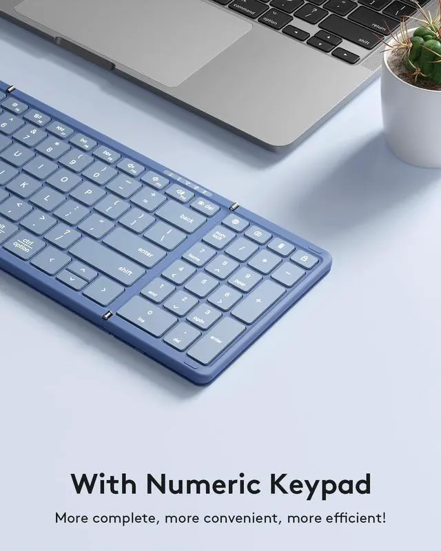 Alt view image 6 of 7 - Foldable Bluetooth Keyboard with Numeric Keypad, Full-Size Wireless Folding Keyboard with PU Leather, Portable Travel Keyboard for iOS Android Windows Mac OS, Support 3 Device(BT5.1 x 3) Blue