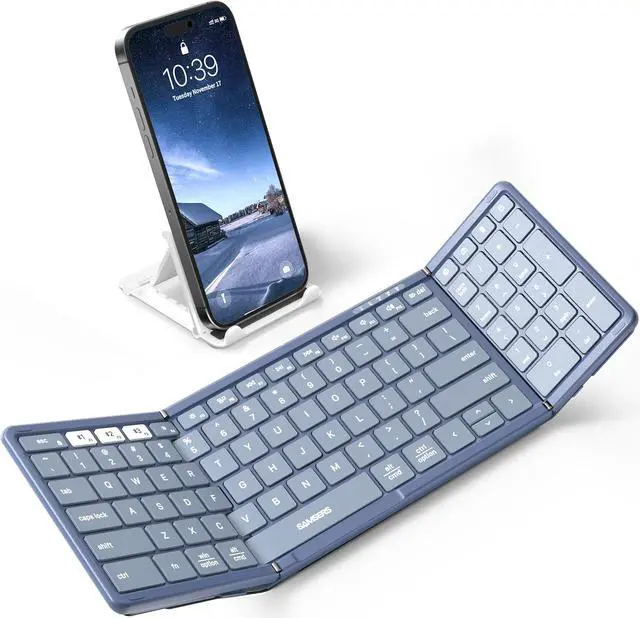 Main image of Foldable Bluetooth Keyboard with Numeric Keypad, Full-Size Wireless Folding Keyboard with PU Leather, Portable Travel Keyboard for iOS Android Windows Mac OS, Support 3 Device(BT5.1 x 3) Blue
