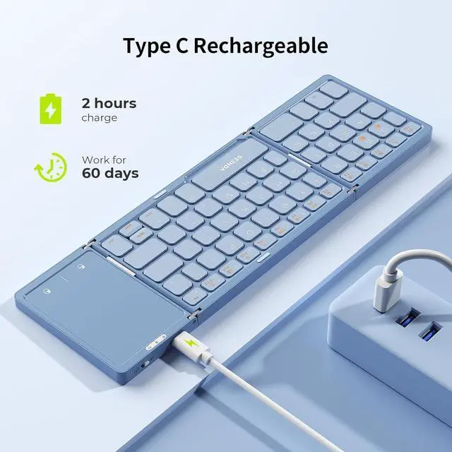 Alt view image 6 of 7 - Foldable Bluetooth Keyboard - Multi-Device Mini Wireless Keyboard with Touchpad, Pocket-Sized Travel Keyboard Compatible with iPad, iPhone, Tablet, Smartphone, iOS, Android, Windows - Blue