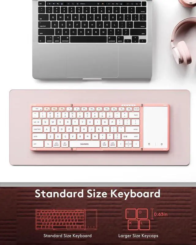 Alt view image 4 of 7 - Foldable Bluetooth Keyboard with Touchpad, Full-Size Wireless Folding Keyboard with PU Leather, Portable Travel Keyboard for iOS Android Windows Mac OS, Support 3 Devices (BT5.1 x 3), Pink
