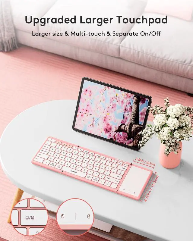 Alt view image 3 of 7 - Foldable Bluetooth Keyboard with Touchpad, Full-Size Wireless Folding Keyboard with PU Leather, Portable Travel Keyboard for iOS Android Windows Mac OS, Support 3 Devices (BT5.1 x 3), Pink