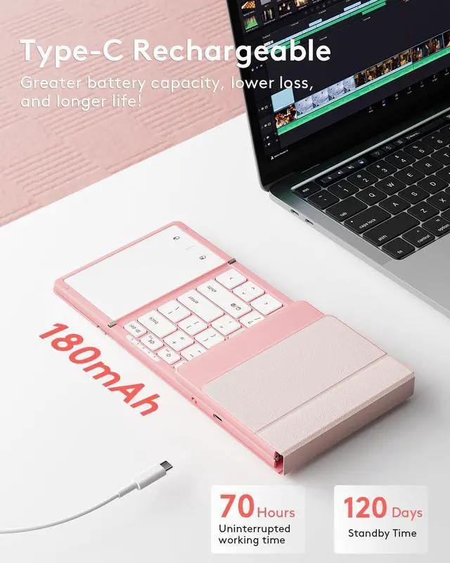 Alt view image 5 of 7 - Foldable Bluetooth Keyboard with Touchpad, Full-Size Wireless Folding Keyboard with PU Leather, Portable Travel Keyboard for iOS Android Windows Mac OS, Support 3 Devices (BT5.1 x 3), Pink