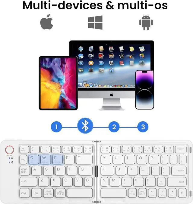 Alt view image 3 of 7 - Mini Foldable Bluetooth Keyboard - Portable Wireless Full Size Keyboard (Sync Up to 3 Devices), Ultra-Slim Travel Folding Keyboard for iPhone iPad Mac Android Windows iOS, White