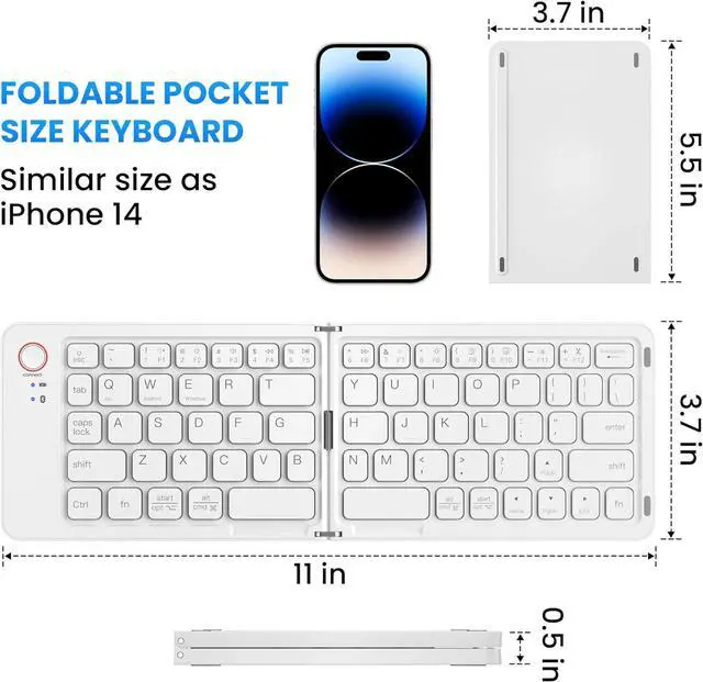 Alt view image 5 of 7 - Mini Foldable Bluetooth Keyboard - Portable Wireless Full Size Keyboard (Sync Up to 3 Devices), Ultra-Slim Travel Folding Keyboard for iPhone iPad Mac Android Windows iOS, White