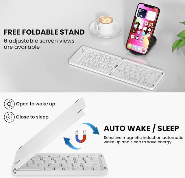 Alt view image 2 of 7 - Mini Foldable Bluetooth Keyboard - Portable Wireless Full Size Keyboard (Sync Up to 3 Devices), Ultra-Slim Travel Folding Keyboard for iPhone iPad Mac Android Windows iOS, White
