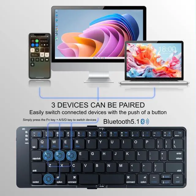 Alt view image 3 of 7 - Protable Folding Wireless Keyboard,Foldable Bluetooth Keyboard for Business and Travel,USB-C Rechargeable,Multi-Device for iOS Android Windows Mac,Smartphone Tablet and Laptop,Pocket size,BLACK