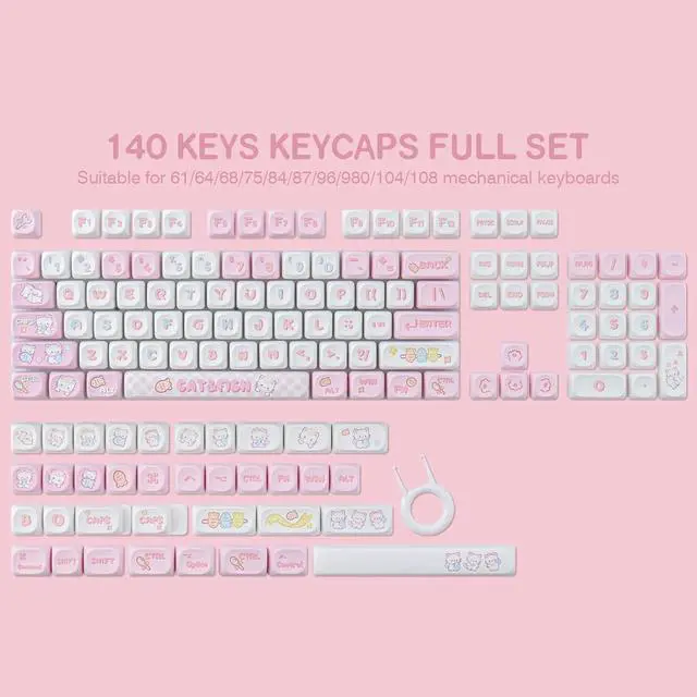 Alt view image 2 of 7 - PBT Cute Kitty-cat Keycaps Set 140 Keys Dye-Sublimation MOA Profile Keycaps for Cherry Gateron MX Swithes Mechanical Keyboards