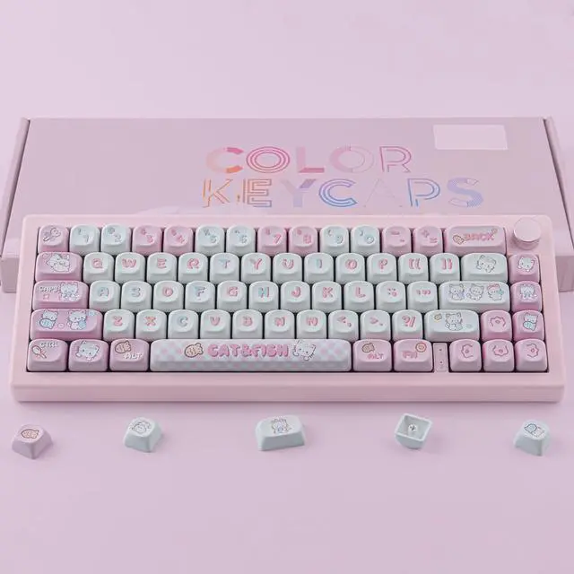 Alt view image 6 of 7 - PBT Cute Kitty-cat Keycaps Set 140 Keys Dye-Sublimation MOA Profile Keycaps for Cherry Gateron MX Swithes Mechanical Keyboards