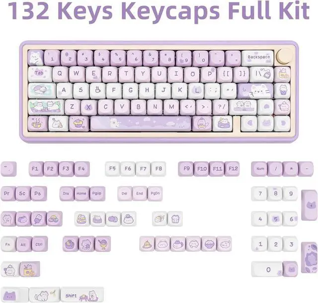 Alt view image 2 of 7 - PBT Keycaps, MOA Profile Keycaps 132 Keys Dye Sublimation Purple Cute Cat Customized Keycaps for ANSI Layout Cherry MX Switches Mechanical Keyboards