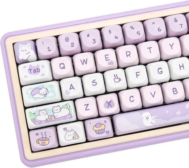 Main image of PBT Keycaps, MOA Profile Keycaps 132 Keys Dye Sublimation Purple Cute Cat Customized Keycaps for ANSI Layout Cherry MX Switches Mechanical Keyboards