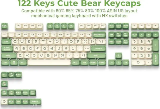 Alt view image 2 of 6 - XVX Cute Bear Keycaps, Green and Creamy Keycap Set with MDA Profile, Double Shot PBT Keycaps Suitable for Cherry Gateron MX Switches Mechanical Keyboard