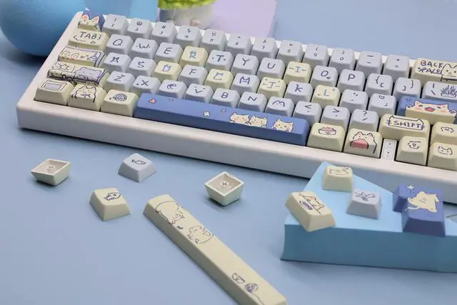Alt view image 3 of 7 - Cat Cute Keycaps MDA Profile Keycaps,Custom PBT Keycaps for Mechanical Keyboard,148 Keys Dye-Sub Cute Keycaps (Blue Kitty)
