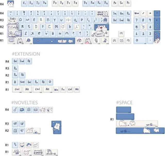 Alt view image 7 of 7 - Cat Cute Keycaps MDA Profile Keycaps,Custom PBT Keycaps for Mechanical Keyboard,148 Keys Dye-Sub Cute Keycaps (Blue Kitty)