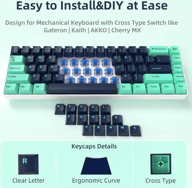 Alt view image 4 of 7 - 126 Key Custom PBT Keycap Set Cherry Profile for 61/68/84/87/98/100/104Key Compact TKL 60% Full Size Gateron Kailh Box Outemu Cross Type Switch ANSI Mechanical Keyboard DIY(Navy/Light Blue)