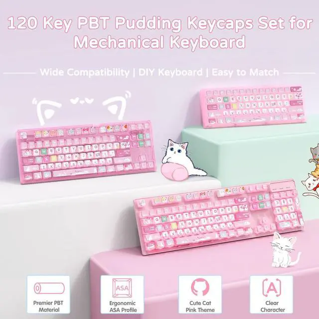 Alt view image 2 of 7 - 120 Key PBT Pudding Keycap Set ASA Profile with Transluscent PC Layer Dye-Sub Cute Cat Theme for 61/84/87/98/100/104Key TKL Cherry MX Gateron Kailh Cross Type Switch ANSI Mechanical Keyboard DIY(Pink)