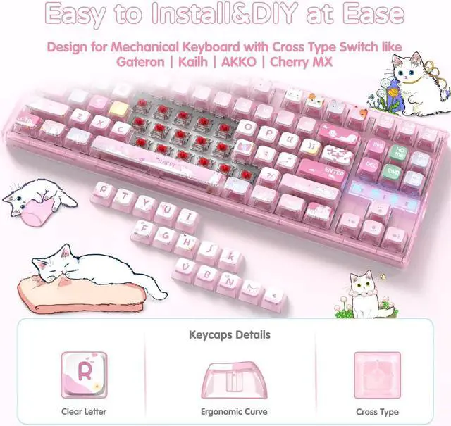 Alt view image 4 of 7 - 120 Key PBT Pudding Keycap Set ASA Profile with Transluscent PC Layer Dye-Sub Cute Cat Theme for 61/84/87/98/100/104Key TKL Cherry MX Gateron Kailh Cross Type Switch ANSI Mechanical Keyboard DIY(Pink)