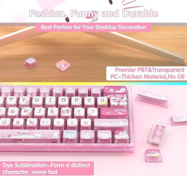 Alt view image 3 of 7 - 120 Key PBT Pudding Keycap Set ASA Profile with Transluscent PC Layer Dye-Sub Cute Cat Theme for 61/84/87/98/100/104Key TKL Cherry MX Gateron Kailh Cross Type Switch ANSI Mechanical Keyboard DIY(Pink)