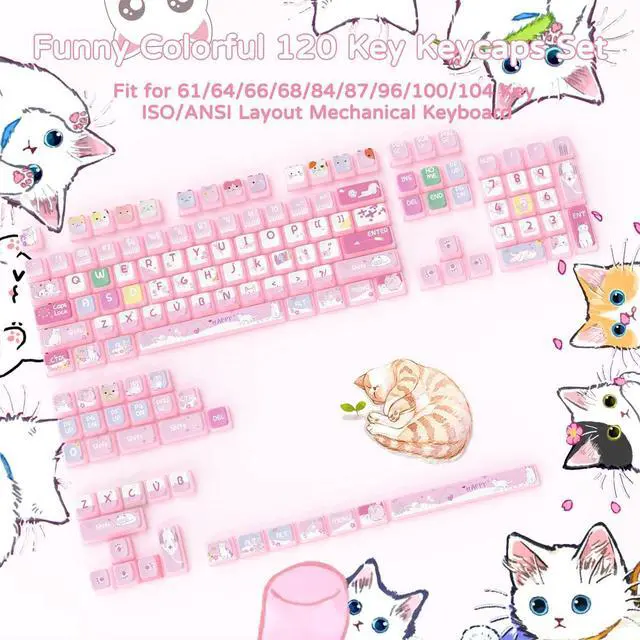 Alt view image 6 of 7 - 120 Key PBT Pudding Keycap Set ASA Profile with Transluscent PC Layer Dye-Sub Cute Cat Theme for 61/84/87/98/100/104Key TKL Cherry MX Gateron Kailh Cross Type Switch ANSI Mechanical Keyboard DIY(Pink)