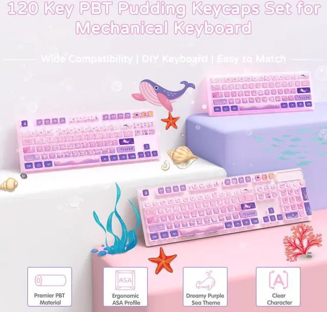 Alt view image 2 of 7 - 120 Key PBT Pudding Keycap Set ASA Profile with Transluscent PC Layer Dye-Sub Dreamy Sea Theme for 61/84/87/98/100/104Key TKL Cherry MX Gateron Kailh Cross Type Switch ANSI Mechanical Keyboard(Purple)