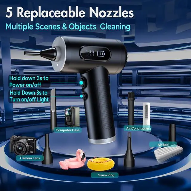 Alt view image 7 of 7 - Electric Compressed Air Duster, 3-Gear Dust Blower for Computers Cordless PC Dusters Keyboard Electronics Cleaning Kit - 50000RPM 6000mAh Rechargeable with LED Light Display