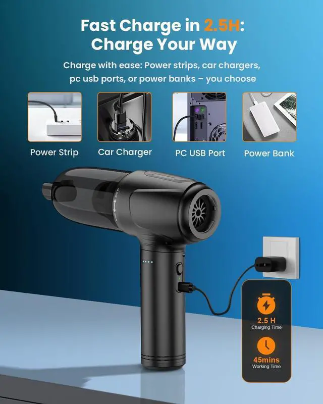 Alt view image 6 of 6 - Compressed Air Duster, 2 in 1 Electric Air Duster with Mini Computer Vacuum Cleaner, 3-Gear 12,0000 RPM Dust Blower, Reusable no Canned Keyboard Cleaner for Office, 9000mAh Battery, LED Light