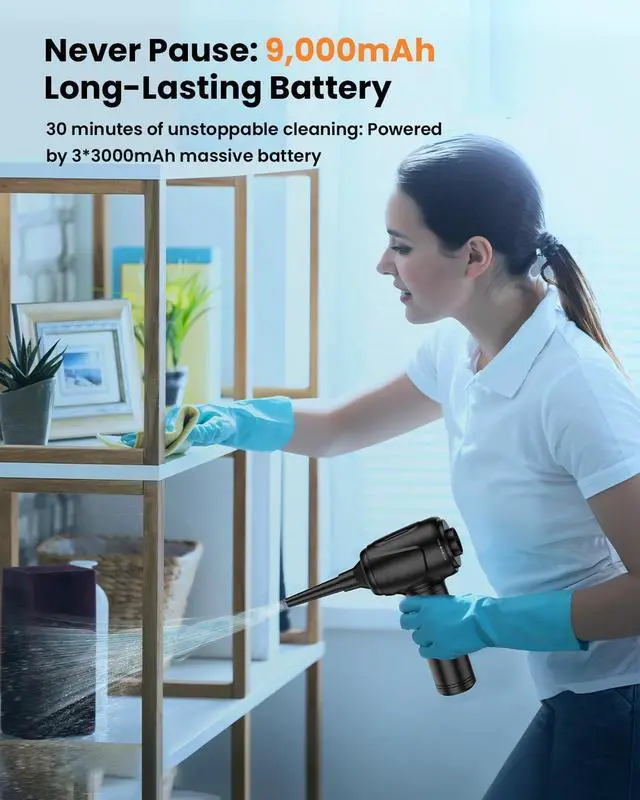 Alt view image 4 of 6 - Compressed Air Duster, 2 in 1 Electric Air Duster with Mini Computer Vacuum Cleaner, 3-Gear 12,0000 RPM Dust Blower, Reusable no Canned Keyboard Cleaner for Office, 9000mAh Battery, LED Light
