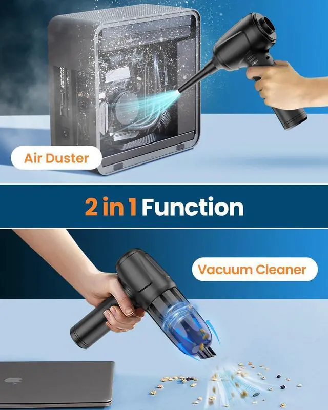 Alt view image 2 of 6 - Compressed Air Duster, 2 in 1 Electric Air Duster with Mini Computer Vacuum Cleaner, 3-Gear 12,0000 RPM Dust Blower, Reusable no Canned Keyboard Cleaner for Office, 9000mAh Battery, LED Light