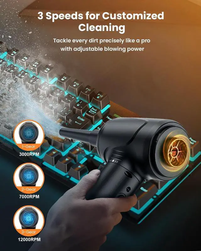 Alt view image 3 of 6 - Compressed Air Duster, 2 in 1 Electric Air Duster with Mini Computer Vacuum Cleaner, 3-Gear 12,0000 RPM Dust Blower, Reusable no Canned Keyboard Cleaner for Office, 9000mAh Battery, LED Light