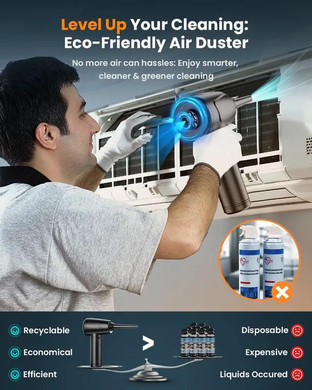 Alt view image 5 of 6 - Compressed Air Duster, 2 in 1 Electric Air Duster with Mini Computer Vacuum Cleaner, 3-Gear 12,0000 RPM Dust Blower, Reusable no Canned Keyboard Cleaner for Office, 9000mAh Battery, LED Light