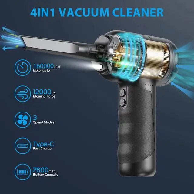 Alt view image 3 of 7 - Compressed Air Duster with Air Blower 160000RPM Vacuum Cleaner and Air Duster 4 in 1 Keyboard Cleaner,No Canned Air Duster,Electir Air Duster,Replaces for Compressed Air Cans &Vacuum Cleaner for PC