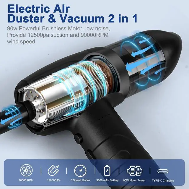 Alt view image 6 of 7 - Compressed Air Duster, Electric Air Duster & Vacuum Cleaner 2 in 1, 12500 RPM 9000mAh Canned Air Rechargeable Cordless Air Duster Can for Computer Keyboard Electronics Car Cleaning