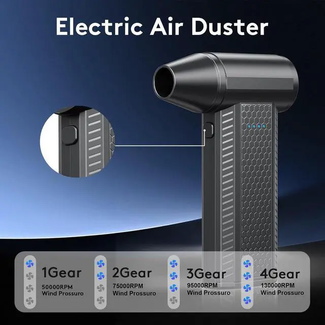 Alt view image 4 of 7 - Electric Air Duster - 130000RPM Compressed Air Duster,4 Gear Adjustable Jet Dry Blower can Reusable Can for Computer Keyboard,Outdoors,Car,Home(Black)