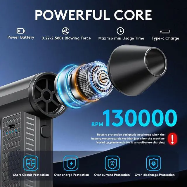 Alt view image 2 of 7 - Electric Air Duster - 130000RPM Compressed Air Duster,4 Gear Adjustable Jet Dry Blower can Reusable Can for Computer Keyboard,Outdoors,Car,Home(Black)